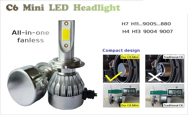 LED Headlight C6 mini sin cooler kit cree led 24000LM c6 mini plus