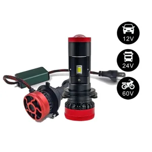 LED moto and car headlight Y6-Pro mini projector lens with 12 pcs 3570 csp led chips. 12V 24V 60V H4 42W 6800LM 9-60V con cooler, making a super powerful super brightness possible.