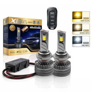 LED Headlight X8 3000K/6000K/4300K and flash with remoto control | Focos LED alta potencia X8 3 colores para auto | CREE LED X8 chips csp para carro | Kit LED X8 200W 40000LM with 4575 csp led chips